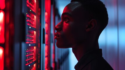Poster - A young individual observes server racks that glow with red lights inside a data center in the evening. The environment emphasizes the high tech atmosphere and modernity.