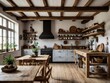 © RaksaLinggo - Country style kitchen featuring wooden beams and open shelving