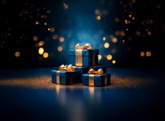 Sticker - elegant blue gift boxes with gold ribbons are neatly stacked, illuminated by warm golden bokeh light