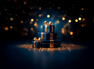 Wall Mural - Elegant gifts stacked, adorned with gold ribbons, glisten against a dark backdrop illuminated by bokeh lights, creating a festive and celebratory atmosphere.