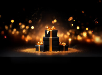 Sticker - elegant black gift boxes adorned with golden ribbons are stacked against a blurred dark backdrop ill