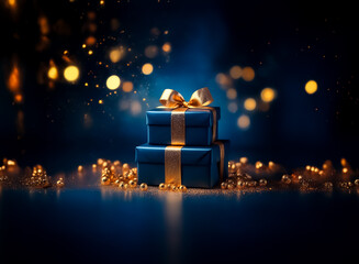 Sticker - elegant blue gift boxes with gold ribbons, stacked on a reflective dark blue surface. golden bokeh l