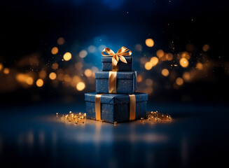 Sticker - three dark blue gift boxes, tied with golden ribbons, are stacked elegantly against a dark blue back