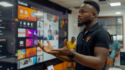 Poster - A young man presents confidently to an audience, gesturing towards a large digital screen displaying various colorful applications and content in a contemporary office setting.