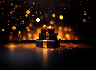 Sticker - elegant black gift boxes, stacked and tied with gold ribbons, sit against a dark backdrop illuminate