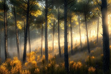 Poster - Dreamy forest scene with golden sunlight streaming through tall trees and low-lying vegetation, creating a magical and serene atmosphere, showcasing the beauty of nature.