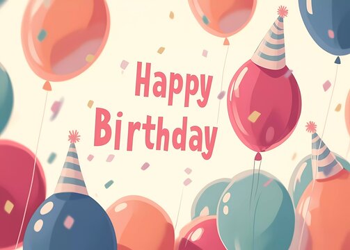 Happy birthday background with balloons and party hat vector template design layout text 