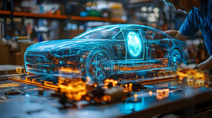 Poster - Close up view of a futuristic automotive dashboard featuring a holographic display system designed by an innovative automotive engineer  The dashboard showcases advanced digital controls