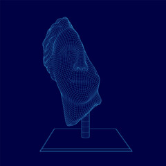 Poster - A blue image of a statue person's head. The head is made of a mesh of lines and dots. The image has a futuristic and abstract feel to it