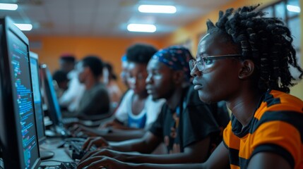 Fototapete - Young adults focus intently on their screens while coding in a lively computer lab setting, showcasing collaboration and learning in the evening light.