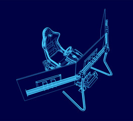 Poster - A blue computer monitors with a game armchair and steering wheel. Isometric view