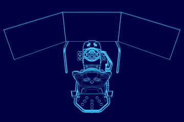 Poster - A blue computer monitor with a steering wheel.