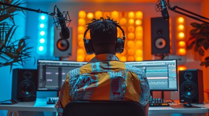Poster - A music producer focuses intently on his work in a lively studio, surrounded by bright colored lights and modern audio equipment while wearing headphones.