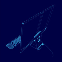 Poster - A computer monitor is shown in a blue color. The monitor is on a stand and has a keyboard attached to it. Concept of technology and modernity