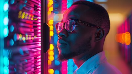 Poster - A man wearing glasses observes a server rack illuminated by vibrant lights, showcasing a blend of technology and innovation in a modern data center environment.