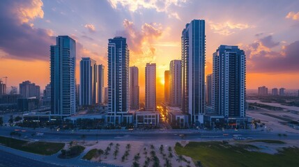 Wall Mural - Cityscape at Sunset from Bird's Eye View