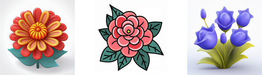 Wall Mural - three flower illustrations in different styles and colors: an orange daisy-like flower, a pink rose-