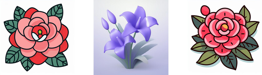 Wall Mural - three floral illustrations are presented. two roses with leaves in red and pink tones and a purple l