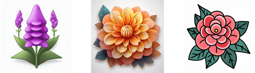 Wall Mural - three flower illustrations showcase a purple spire bloom, an orange layered dahlia, and a pink outli