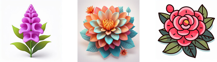 Wall Mural - three flower illustrations depict a purple foxglove, a colorful paper flower with orange and blue hu