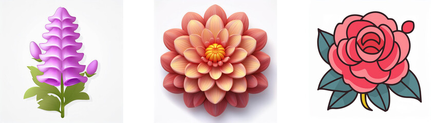 Wall Mural - three isolated flowers on a white backdrop. from left to right: a purple lupine, an orange dahlia, a