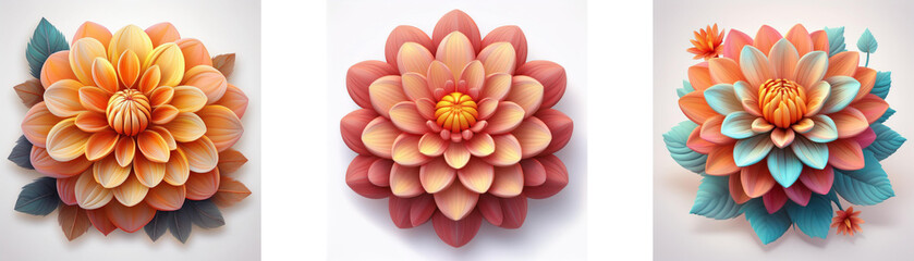 Wall Mural - three decorative dahlia flowers in varying color schemes of orange, pink, and blue, presented with l