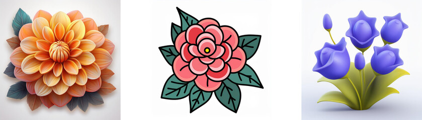Wall Mural - three diverse flower illustrations: a layered orange flower, a pink outlined flower with leaves, and