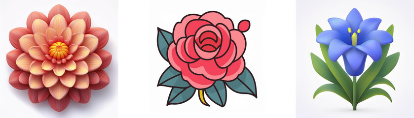 Wall Mural - three flower illustrations are displayed: a dahlia-like flower, a rose with leaves, and a bell-shape