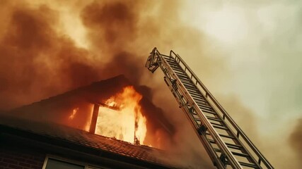 Poster - Intense flames engulfing the roof of a residential house as a fire truck ladder extends towards the blaze, creating a dramatic scene of destruction and the urgent need for firefighting intervention