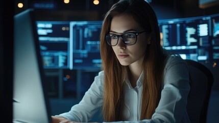 Wall Mural - Woman in glasses working on computer