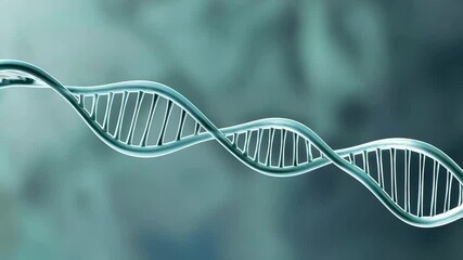 Poster - Rotating dna double helix spinning against teal background, revealing intricate molecular structure and genetic information through mesmerizing slow motion 3d animation