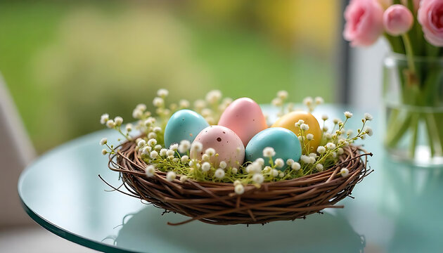 Elegant Easter Nest A Chic Table Arrangement with Chocolate Eggs & Succulents, Happy Easter Greeting Card with Easter Egg and Flowers. Easter Concept, happy easter 2025, generative ai