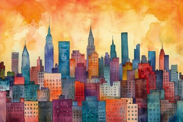 Sticker - Colorful sunset over New York City skyline with iconic buildings and vibrant clouds