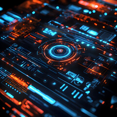 Poster - Digital Circuitry: A vibrant, close-up perspective showcasing the intricate details of futuristic digital circuitry, radiating with energetic blues and oranges.