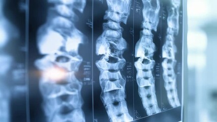 Poster - Detailed medical x ray revealing cervical spine vertebrae through illuminated slow motion visualization, highlighting anatomical bone structure and potential diagnostic insights