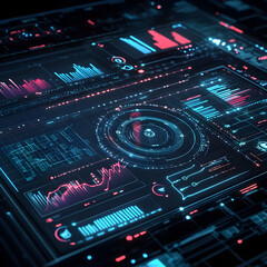 Fototapete - Cybernetic Interface: Digital display showcasing complex data visualizations with vibrant red and blue neon light, representing a modern interface.