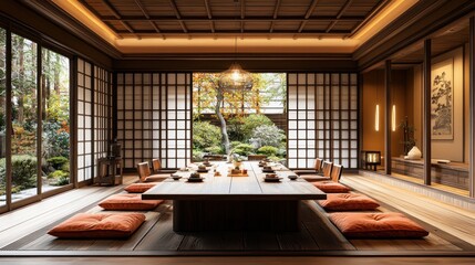 Wall Mural - Tranquil Japanese Tea Room with Traditional Decor and Serene Garden View