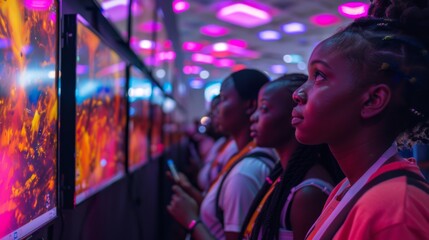 Aufkleber - A group of young women admire digital art installations illuminated by colorful lights in an exhibition hall during an evening event.