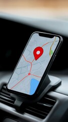 Poster - Digital navigation app displaying route and current position on smartphone screen, mounted on car dashboard, capturing gps tracking in smooth slow motion