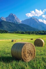 Wall Mural - Hay bales in field with mountains