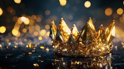 Poster - A crystal-like low-poly golden crown, sparkling with intricate reflections.