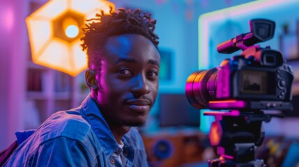 Poster - The young man prepares a camera for filming, surrounded by vibrant lighting in a contemporary office at night, showcasing creativity and technology.