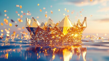 Poster - A crystal-like low-poly golden crown, sparkling with intricate reflections.