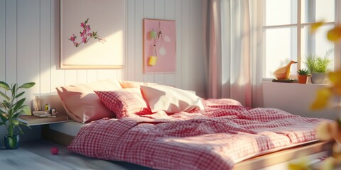 Wall Mural - Bedroom with Red Checkered Comforter