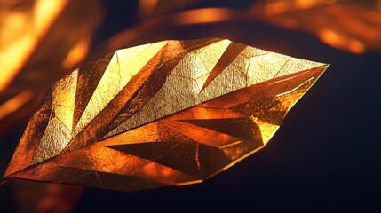 Poster - A dazzling low-poly golden leaf, shimmering with delicate geometric surfaces.