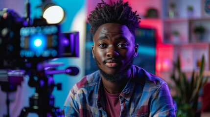 Poster - A young filmmaker sits confidently in front of a camera in a vibrant studio, showcasing bright lights and decorative plants, ready to shoot creative content.