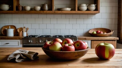 Poster - freshly harvested apples arranged in wooden bowls on a rustic kitchen table with minimal decor