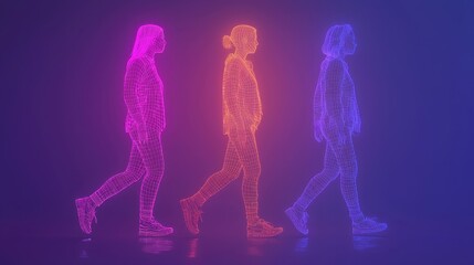Poster - Dynamic digital walk animation virtual space 3d art neon glow side view movement concept