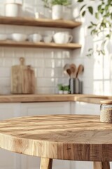 Aufkleber - Sunlight filters through a bright kitchen, highlighting a stunning round wooden tabletop. The warm tones and greenery create an inviting atmosphere for culinary creativity