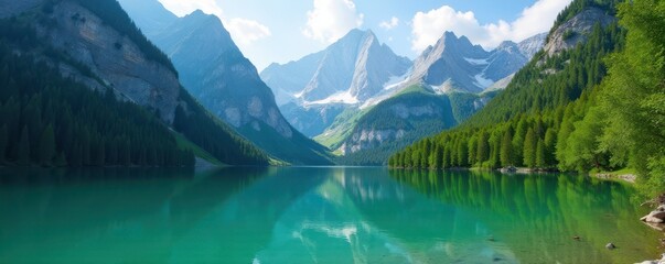 Wall Mural - serene alpine lake, emerald waters, dramatic dolomites peaks, trees, travel